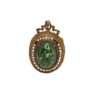 Ornate Gold Tone Metal Green Oval Stone Pin Brooch - 1.75 Inches